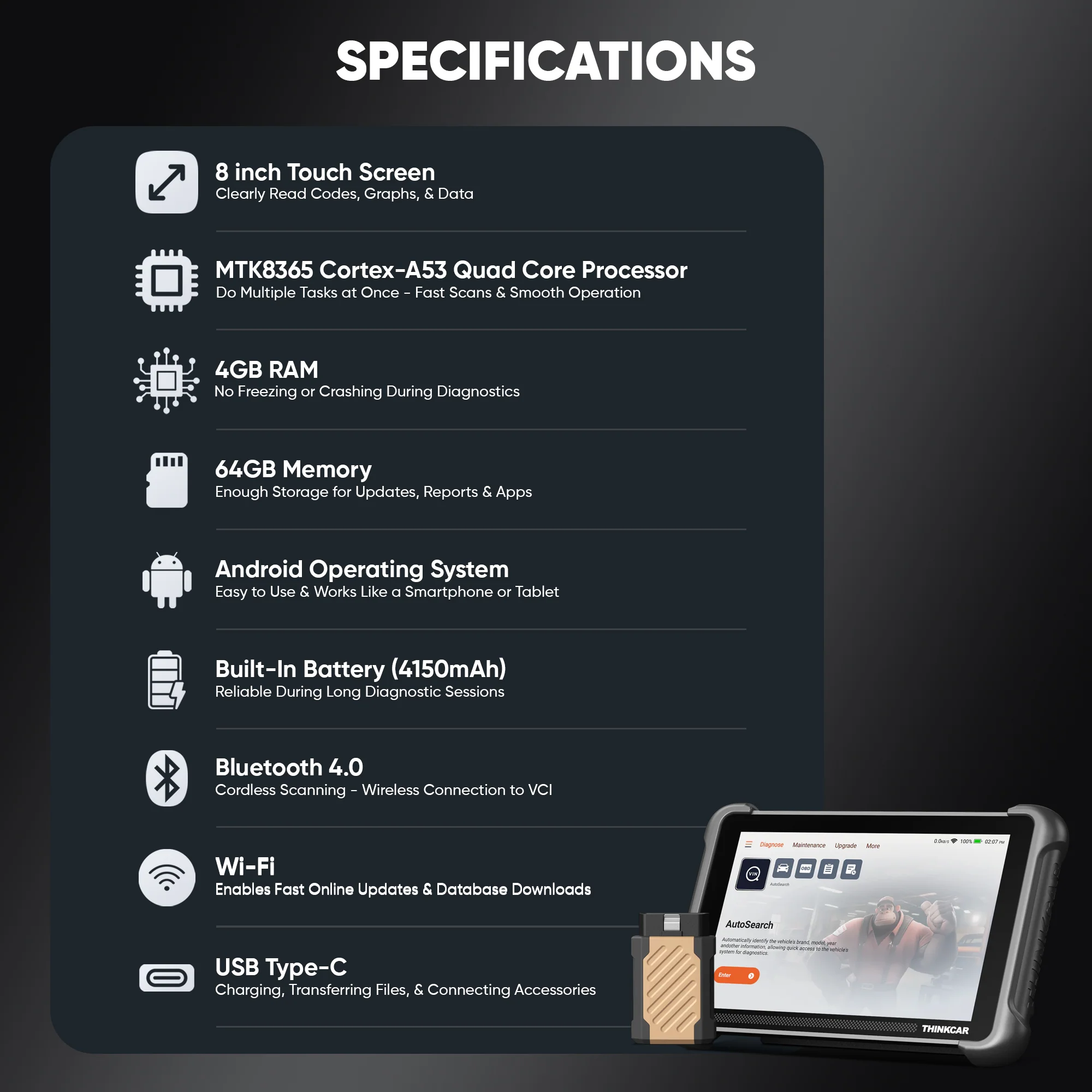 Thinkcar Platinum 191 8-Inch Professional Diagnostic Scanner - Full System OBD2 Scan Tool with Active Test Functions - Image 11