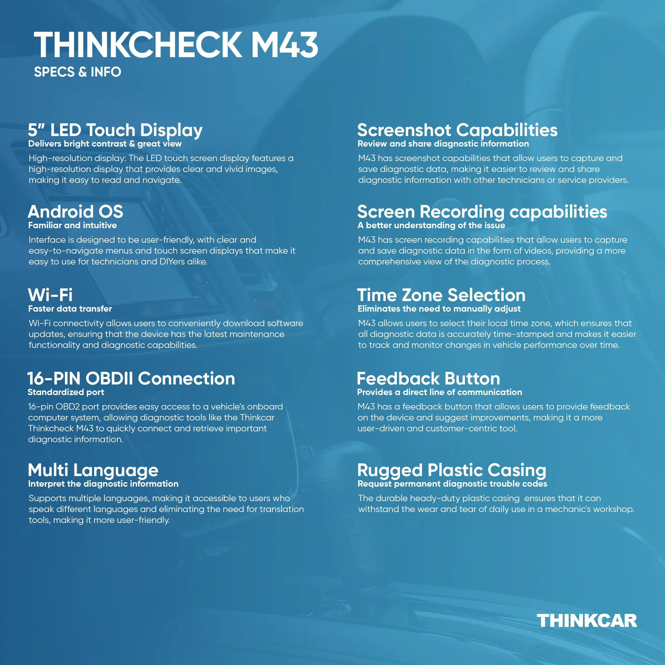 Thinkcar THINKCHECK M43 5-Inch OBD2 Scanner Vehicle Diagnostic Car Code Reader ABS, SRS, ECM, TCM - Image 7