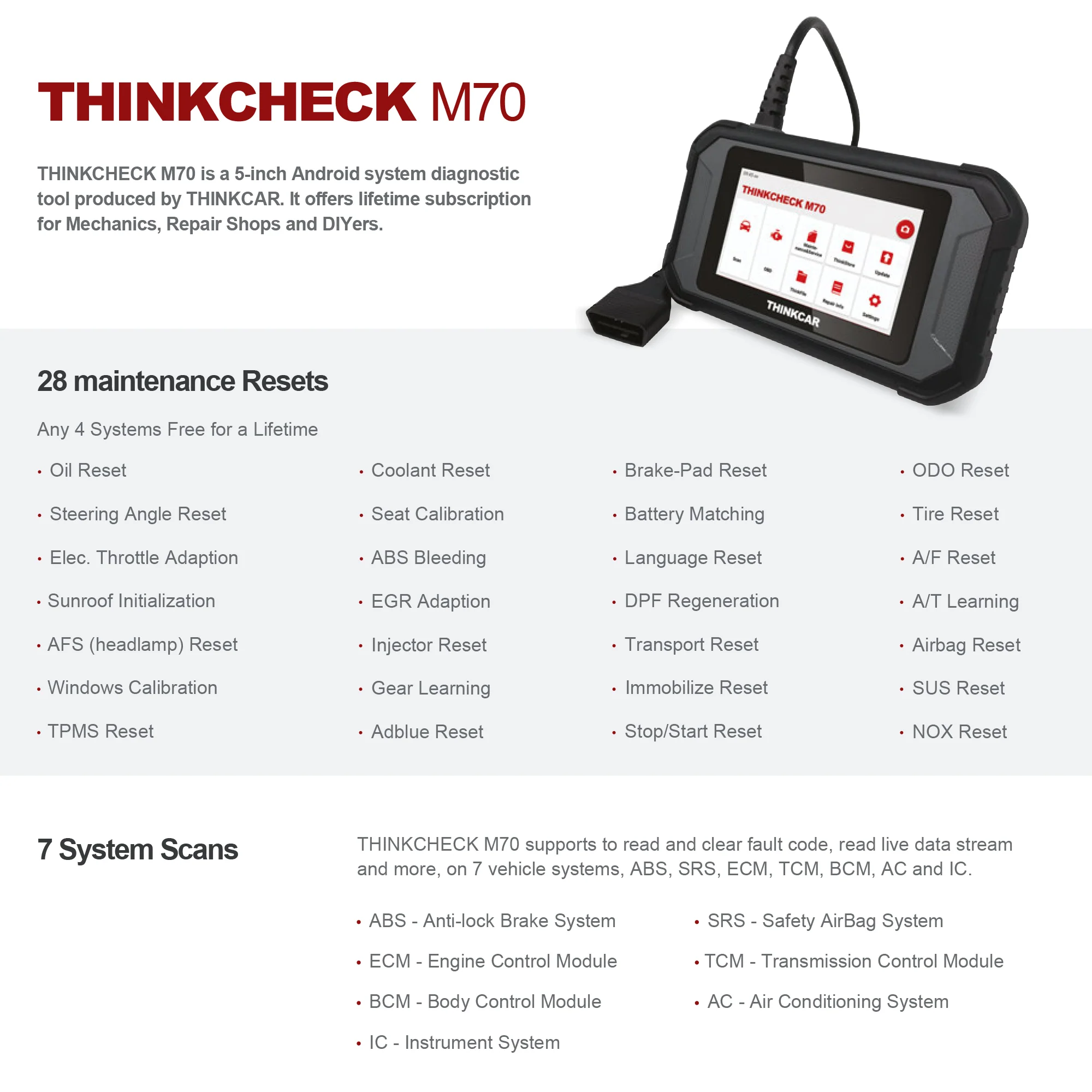 Thinkcar THINKCHECK M70 5-Inch Full System OBD2 Scanner Car Code Reader Tablet Comprehensive Vehicle Diagnostic Scan Tool - Image 4