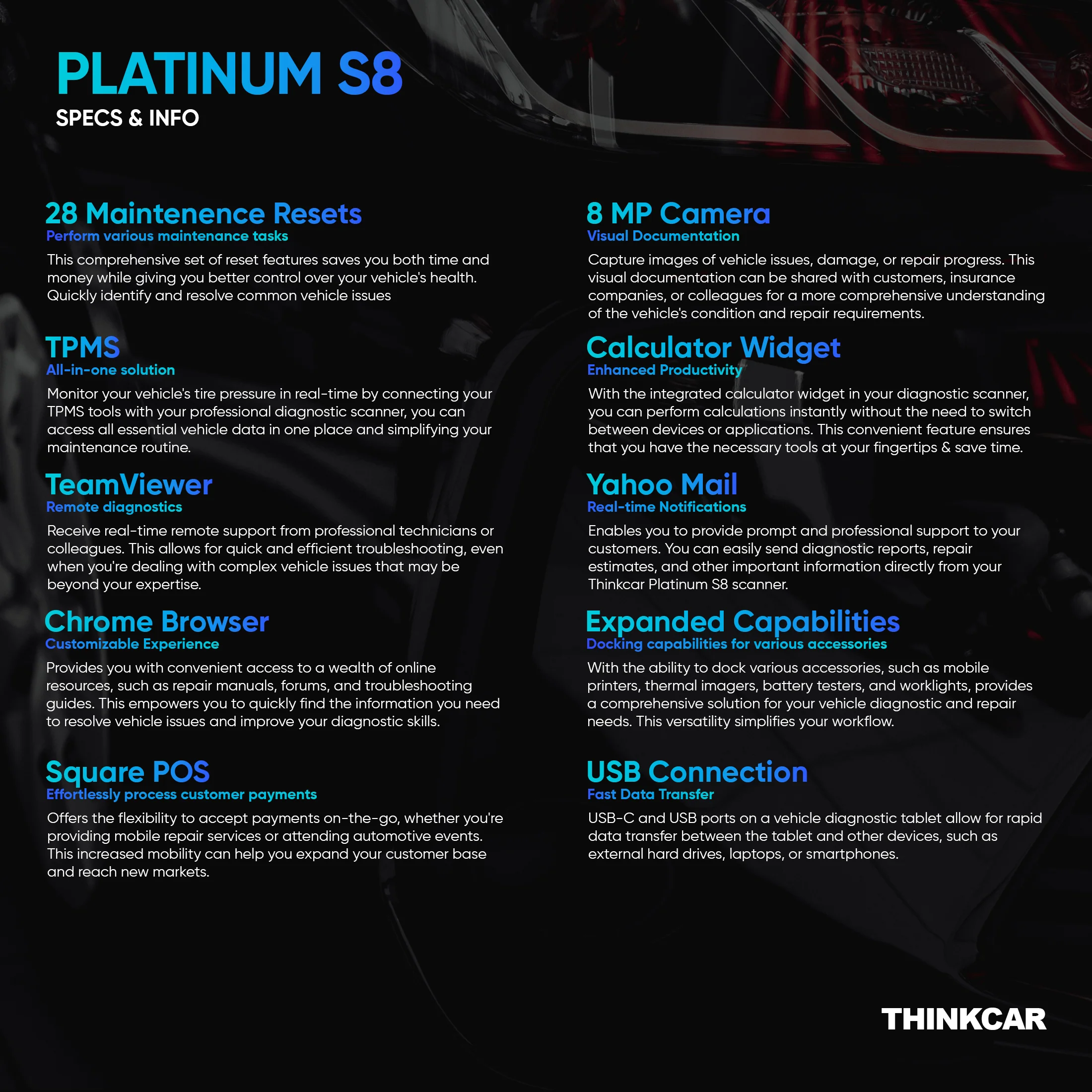 Thinkcar Platinum S8 8-Inch Professional Diagnostic Scanner - Full System OBD2 Tool with Bi-Directional Control & 28 Maintenance Resets - Image 13